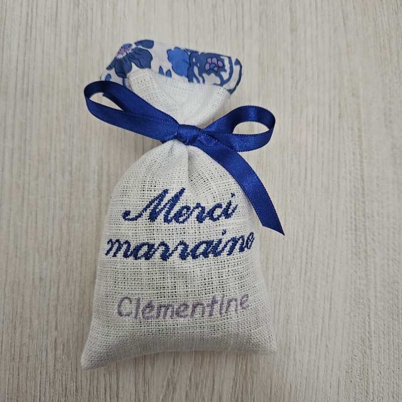 Pochon lavande lin et liberty bleu denim et ruban bleu roi