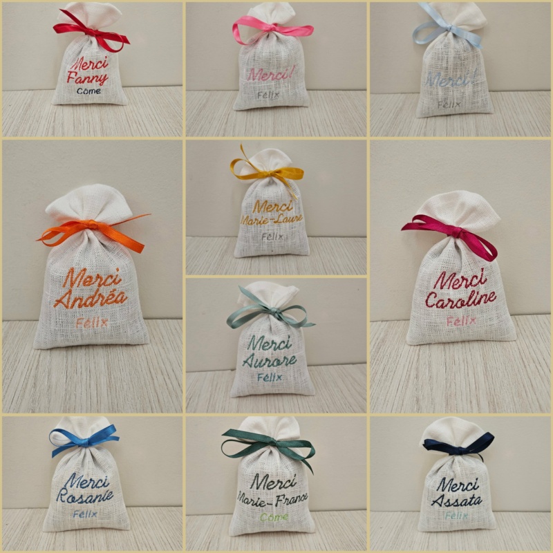 Pochon en lin blanc personnalisé avec broderie et ruban de satin, rempli de lavande bio de Provence